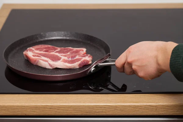 Close Picture Beautiful Raw Pork Steak Non Stick Frying Pan — Stock Photo, Image