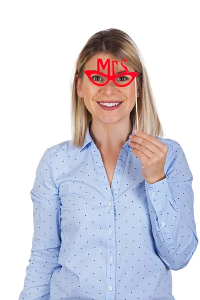 Confident Young Businesswoman Holding Mrs Eyeglasses Posing Isolated Background — Stock Photo, Image