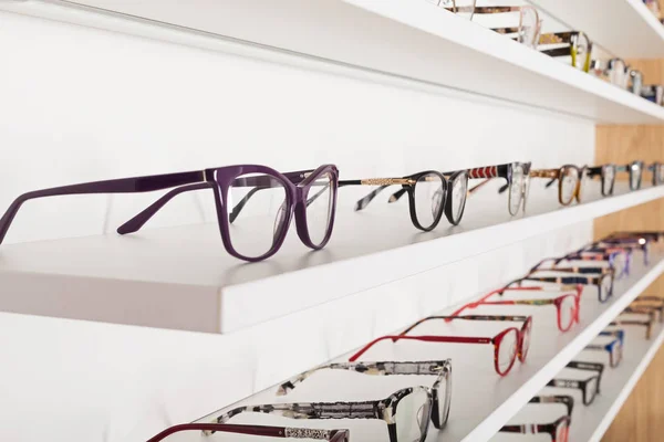 Picture of corrective eye glasses in an optics store