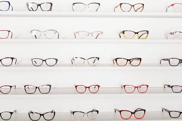 Picture of corrective eye glasses in an optics store
