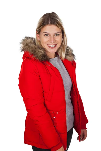 Portrait Charmante Jeune Femme Portant Une Veste Parka Rouge Avec — Photo