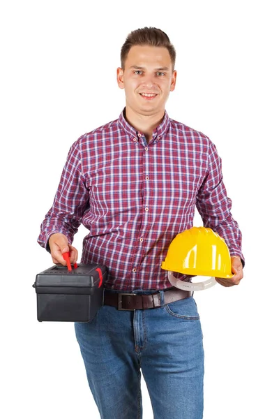 Retrato Belo Reparador Sorrindo Para Câmera Isolado — Fotografia de Stock