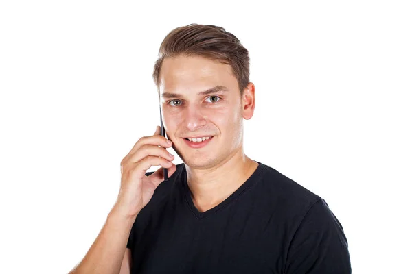 Portrait Jeune Homme Ayant Appel Téléphonique Souriant Caméra Sur Isolé — Photo