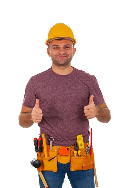 Retrato Belo Reparador Segurando Ferramentas Sorrindo Para Câmera Isolado — Fotografia de Stock