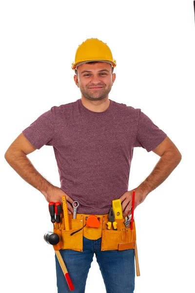 Retrato Belo Reparador Segurando Ferramentas Sorrindo Para Câmera Isolado — Fotografia de Stock