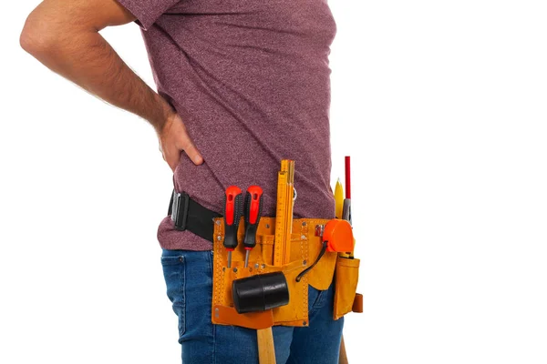 Bir Tamirci Ile Izole Arka Plan Üzerinde Toolbelt Resmini Kapatın — Stok fotoğraf