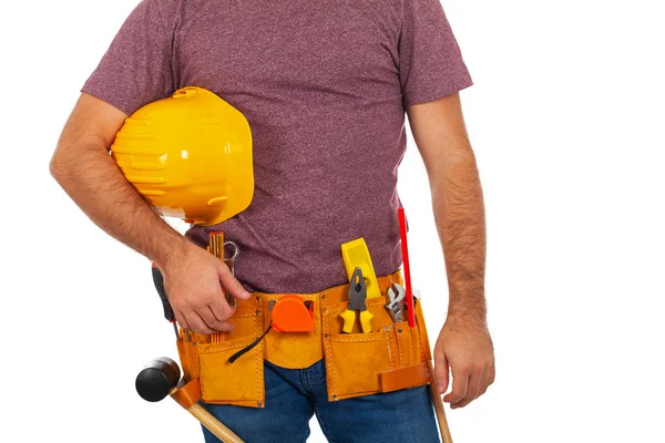 Närbild Bild Reparatör Med Toolbelt Isolerade Bakgrund — Stockfoto