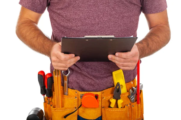 Close Picture Repairman Toolbelt Holding Clipboard Isolated Background — Stock Photo, Image