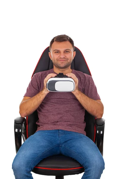Obrázek Mladý Muž Sedí Kancelářská Židle Headset — Stock fotografie