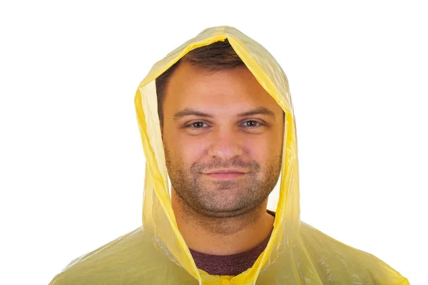 Kaukaski Młody Człowiek Ubrany Żółty Płaszcz Pozowanie Białym Tle Obraz — Zdjęcie stockowe