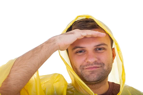 Kaukaski Młody Człowiek Ubrany Żółty Płaszcz Pozowanie Białym Tle Obraz — Zdjęcie stockowe