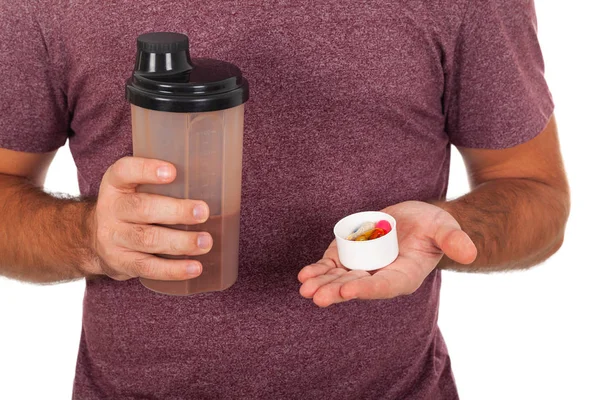 Nahaufnahme Eines Jungen Mannes Mit Einem Proteinshake Und Einigen Pillen — Stockfoto