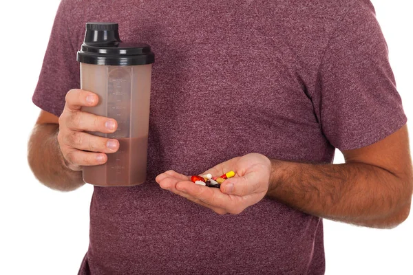 Close Picture Young Man Holding Protein Shake Some Pills Isolated — Stock Photo, Image