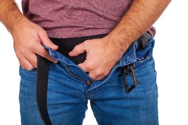 Feche Foto Jovem Com Jeans Descompactados Segurando Seus Genitais — Fotografia de Stock