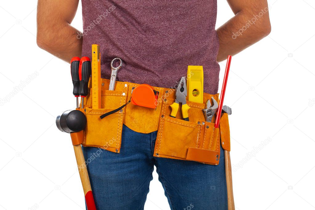 Close up picture of a repairman with toolbelt on isolated background