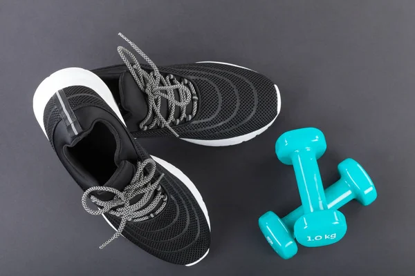 Dieta Perda Peso Fitness Sapatos Treinamento Halteres Azuis Preto — Fotografia de Stock