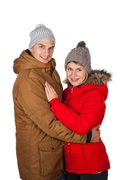 Young Couple Wearing Red Brown Winter Parka Jacket Posing Isolated — Stock Photo, Image