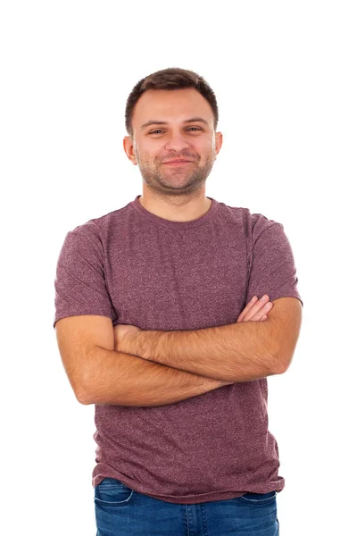 Portrait Handsome Young Caucasian Guy Casual Outfit Having Crossed Hands — Stock Photo, Image