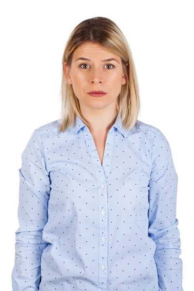 Portrait Concerned Young Woman Having Serious Facial Expression Looking Camera — Stock Photo, Image