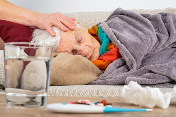 Mujer Anciana Enferma Acostada Sofá Envuelta Una Manta Cuidadora Comprobando — Foto de Stock