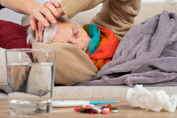 Mujer Anciana Enferma Acostada Sofá Envuelta Una Manta Cuidadora Comprobando —  Fotos de Stock