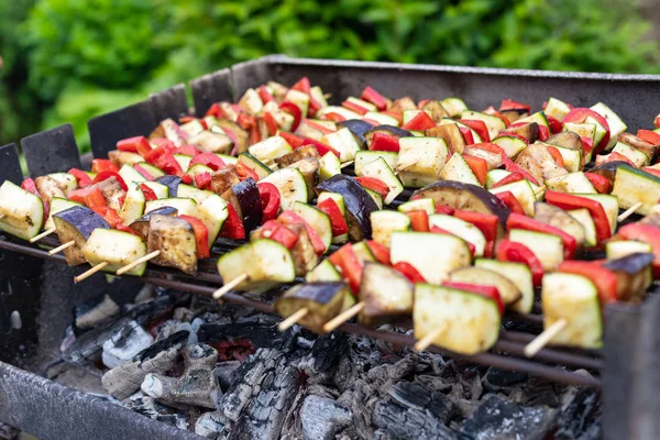 Гриль овощей на шампуре на открытом воздухе — стоковое фото