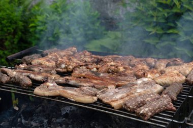 Barbekü partisinde ızgara domuz eti ve tavuk