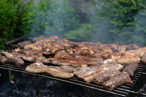 Grelhar carne de porco e frango numa festa de churrasco — Fotografia de Stock