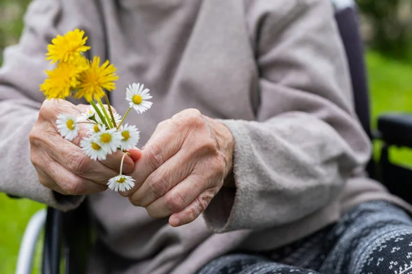 Elderly shaking hands holding flowers — Stock Photo, Image