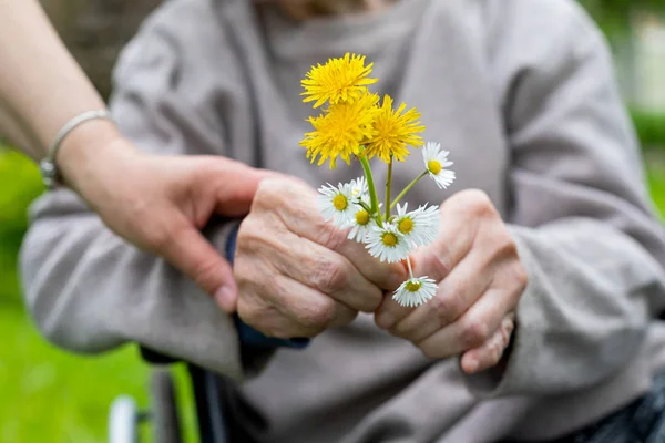 Elderly care - hands, bouquet — Stock Photo, Image