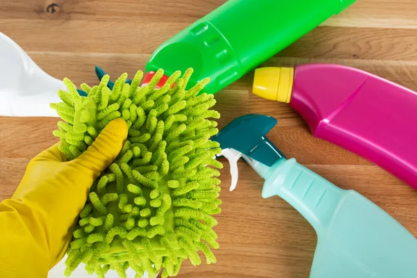 Picture Colorful Cleaning Supplies Tools Wooden Background — Stock Photo, Image