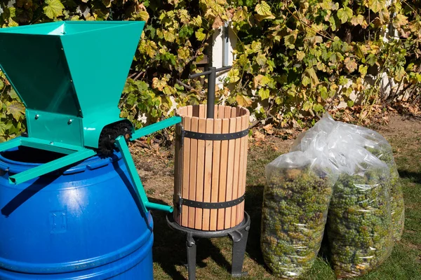 Proceso Tradicional Elaboración Del Vino Prensa Vinos Uvas Vendimiadas Frescas —  Fotos de Stock