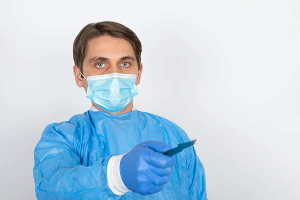 Young Male Doctor Wearing Surgical Mask Protective Scrubs White Background — Stock Photo, Image