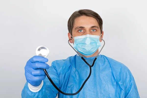 Young Male Doctor Wearing Surgical Mask Protective Scrubs White Background — Stock Photo, Image