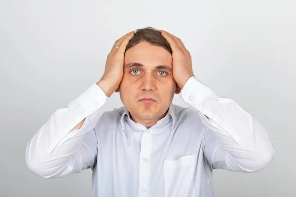 Picture Young Man Holding His Head While Having Strong Headache — Stock Photo, Image