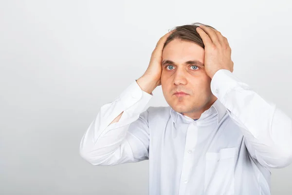 Picture Young Man Holding His Head While Having Strong Headache — Stock Photo, Image