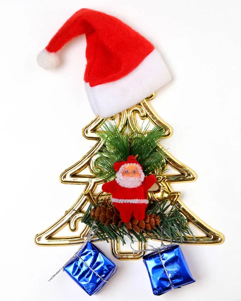 Papai Noel Árvore Natal Com Bolas Presentes Fundo Branco — Fotografia de Stock