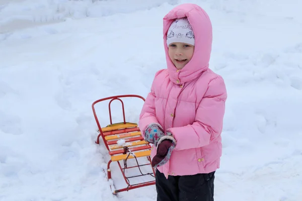 Uma Menina Joga Neve Inverno Com Trenós — Fotografia de Stock