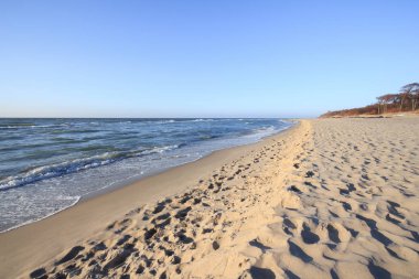 Bahar erimiş kar ile kumlu plajı ile deniz kıyısı