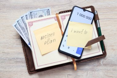 bize dolar ve sayılarla 1 000 000 açık hesap makinesi ve yapışkan not sayfası ile bir yazıt işletme planı, ben istiyorum için arka planda bir masa ile Organizatör