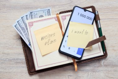 bize dolar ve sayılarla 1 000 000 açık hesap makinesi ve yapışkan not sayfası ile bir yazıt işletme planı, ben istiyorum için arka planda bir masa ile Organizatör