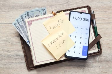 bize dolar ile Organizatör ve açık hesap makinesi ile numaraları 1 000 000 ve bir yapışkan not sayfası ile bir yazıt istiyorum, ben biliyorum ne kadar bir Resepsiyon kopya alanı ile arka plan üzerinde olabilir