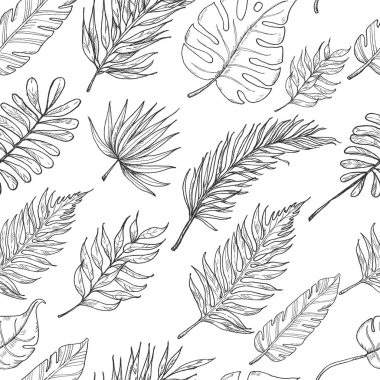 Tropikal yaprakları ile Seamless modeli. Vektör çizim tasarımınız için