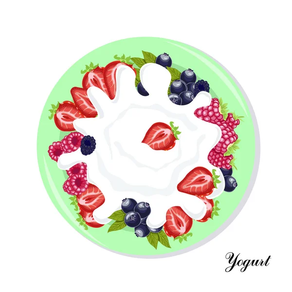 Πιάτο Γιαούρτι Και Φράουλες Σμέουρα Βατόμουρα Και Βατόμουρα Εικονογράφηση Φορέα — Διανυσματικό Αρχείο