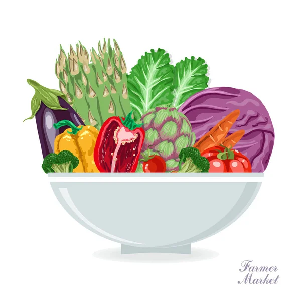 Plaat Met Groenten Vegetarische Salade Een Witte Achtergrond Vectorillustratie Voor — Stockvector