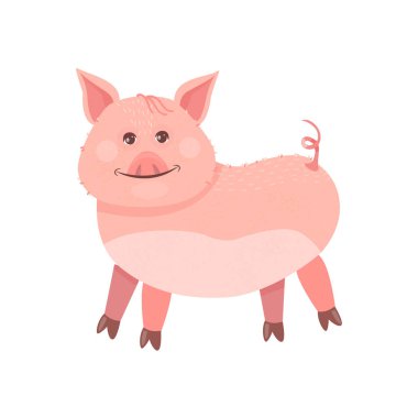 Komik Piggy sembolü 2019 yeni yıl. Domuz standları ve gülümsüyor. Vektör çizim tasarımınız için