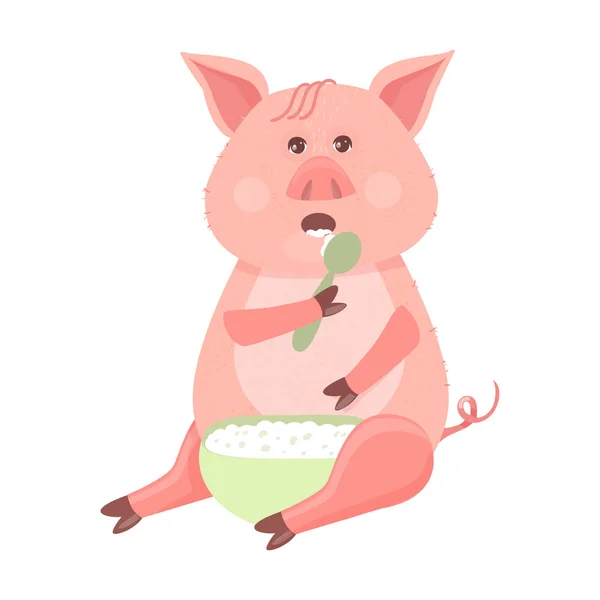 Symbole Drôle Piggy 2019 Nouvelle Année Cochon Drôle Assis Mangeant — Image vectorielle