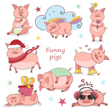 Komik Piggy sembolü 2019 yeni yılda doodle stil kümesi. Piglet müzik dinliyor, yiyor, uyuyor, bir hediye, bir Noel şapka tutar. Piglet tek boynuzlu at. Vektör çizim tasarımınız için