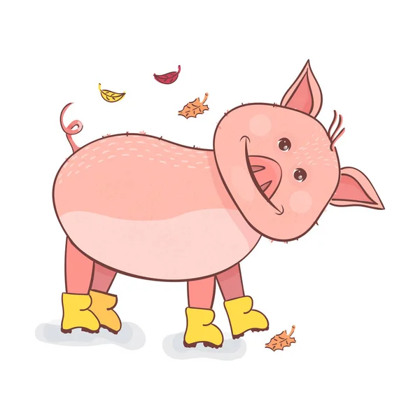 Symbole drôle Piggy 2019 nouvelle année. Piggy debout dans des bottes en caoutchouc — Image vectorielle