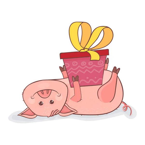 Symbole de Noël drôle Piggy 2019. Porcelet repose sur le dos avec un cadeau — Image vectorielle